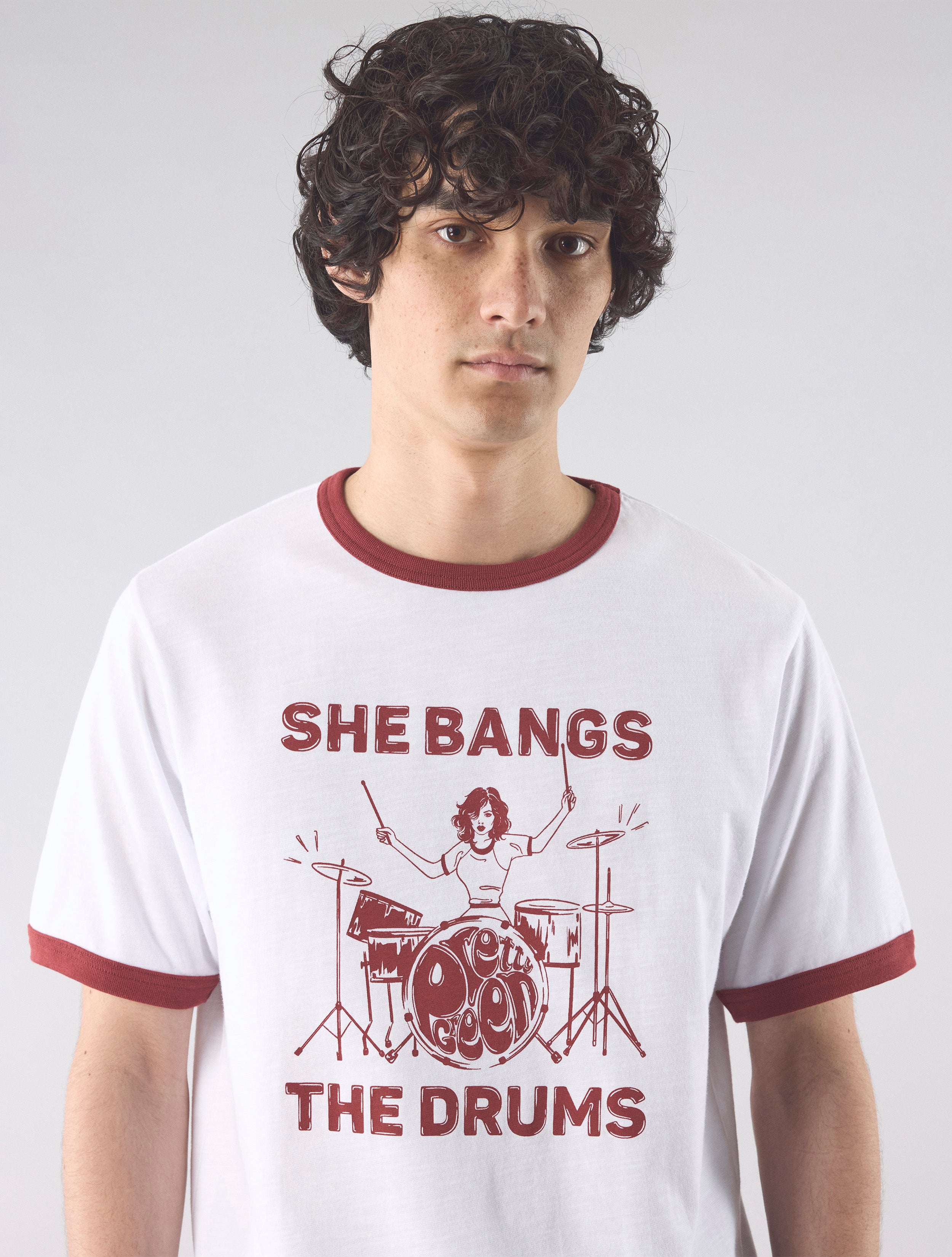 White She Bangs The Drums Graphic T-Shirt – Pretty Green Store