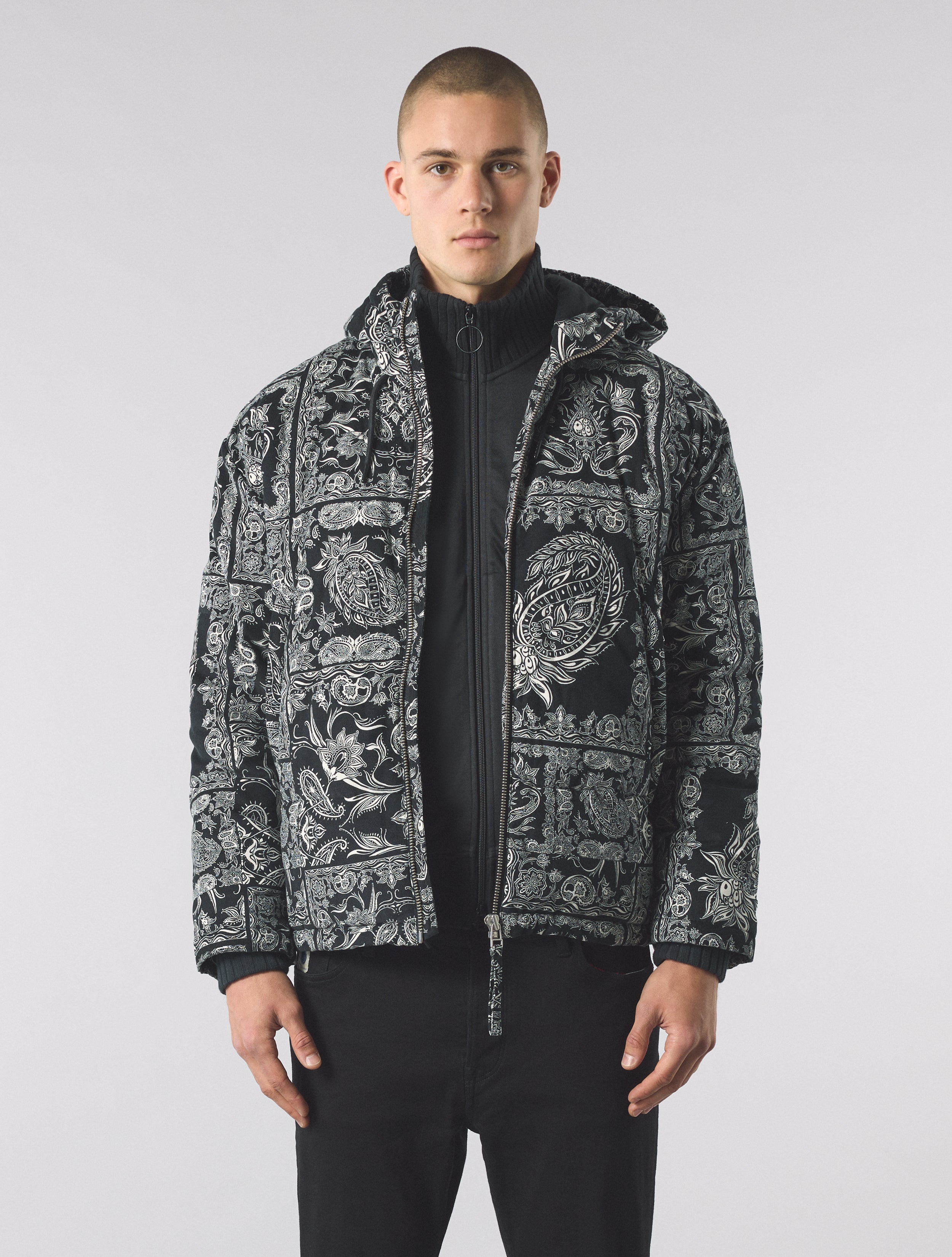 Black Patchwork Paisley Puffer Jacket – Pretty Green Store