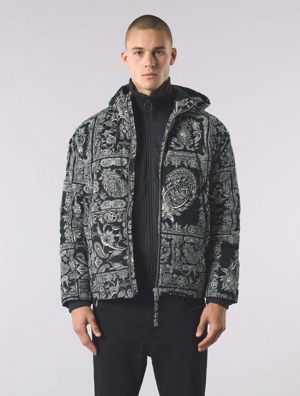 Black Patchwork Paisley Puffer Jacket