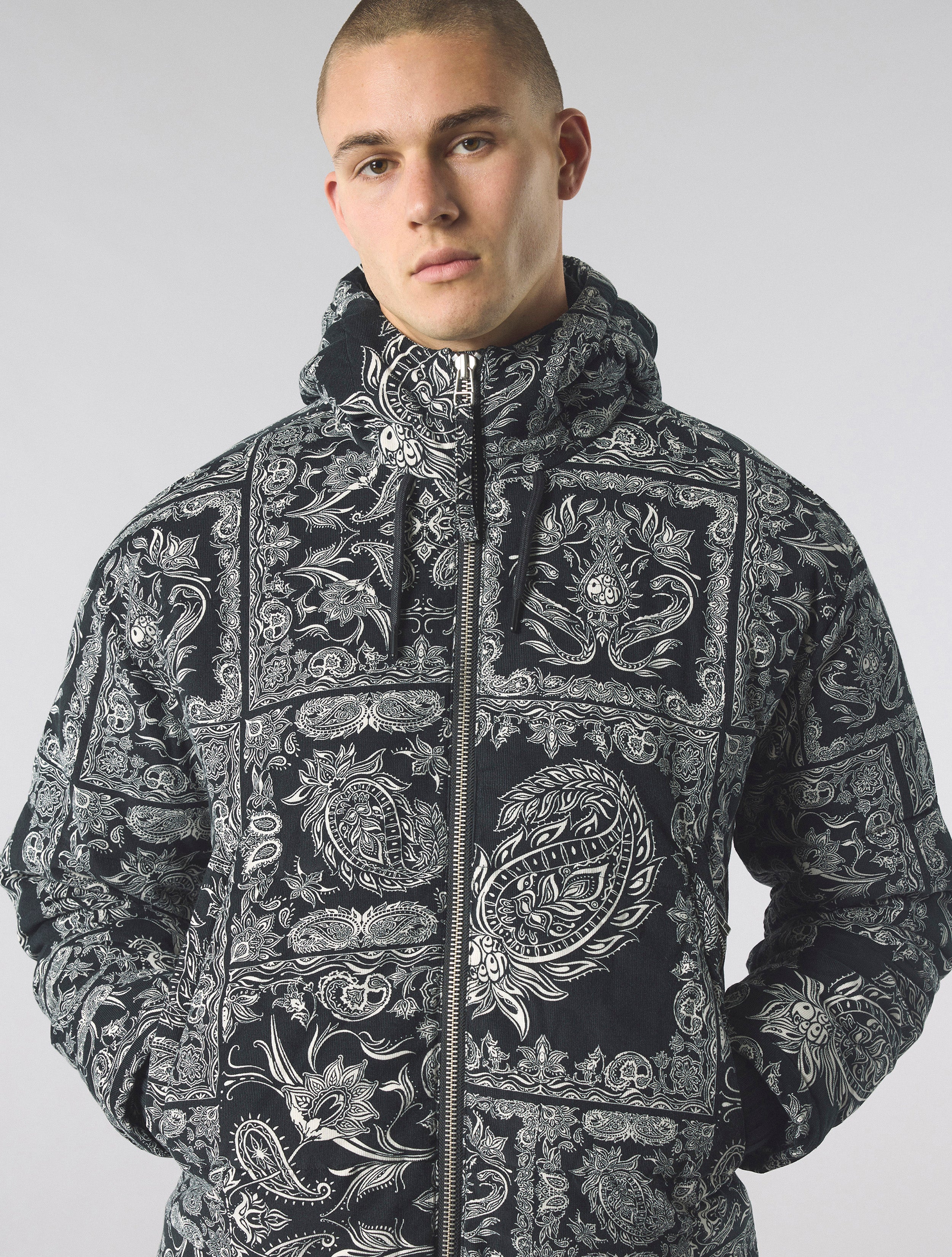 Black Patchwork Paisley Puffer Jacket – Pretty Green Store