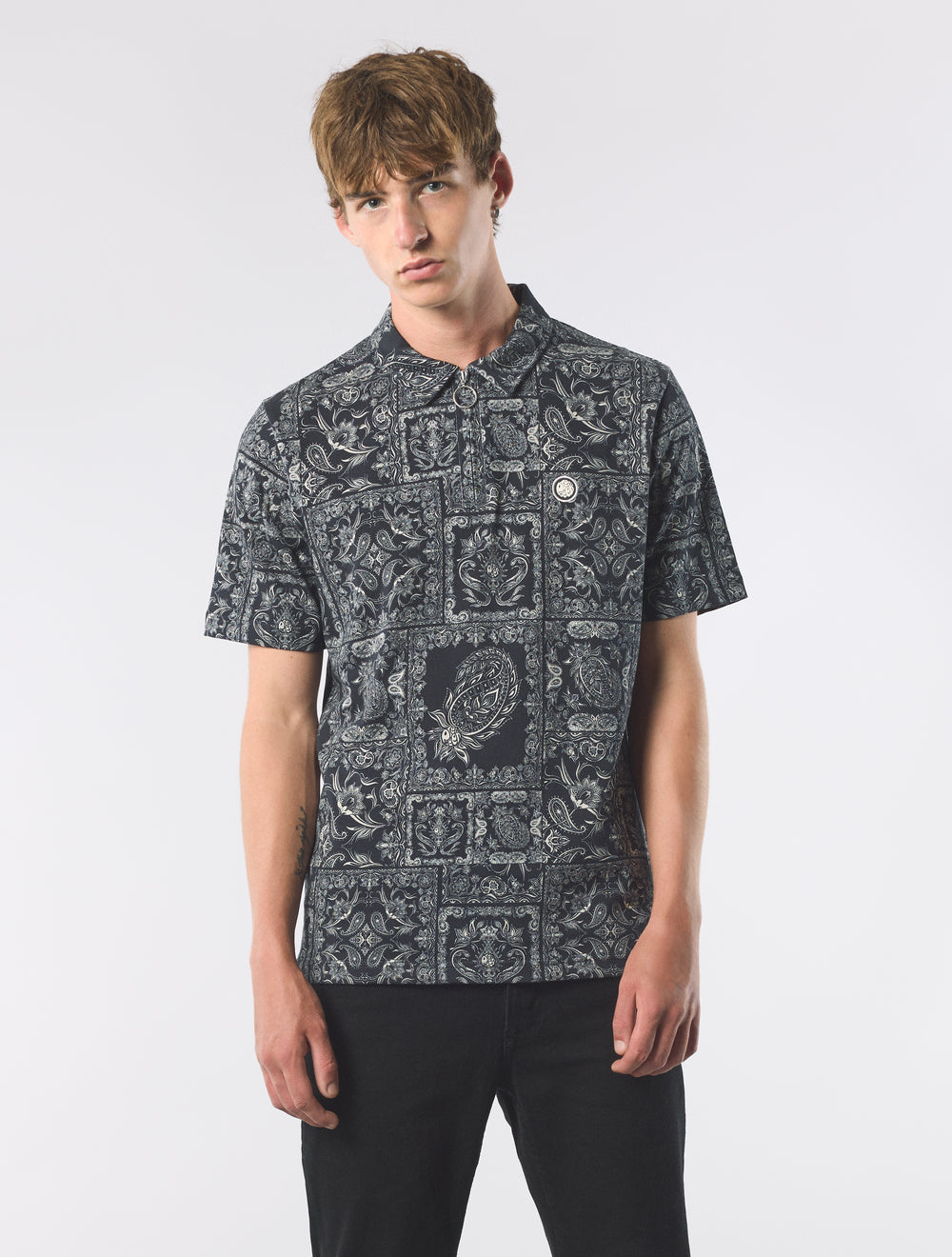 Black Patchwork Paisley Zip Polo